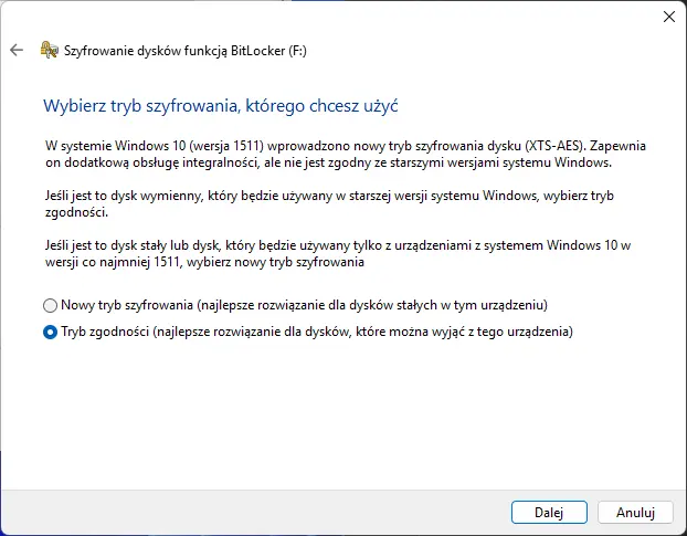 Wybór rodzaju enkrypcji